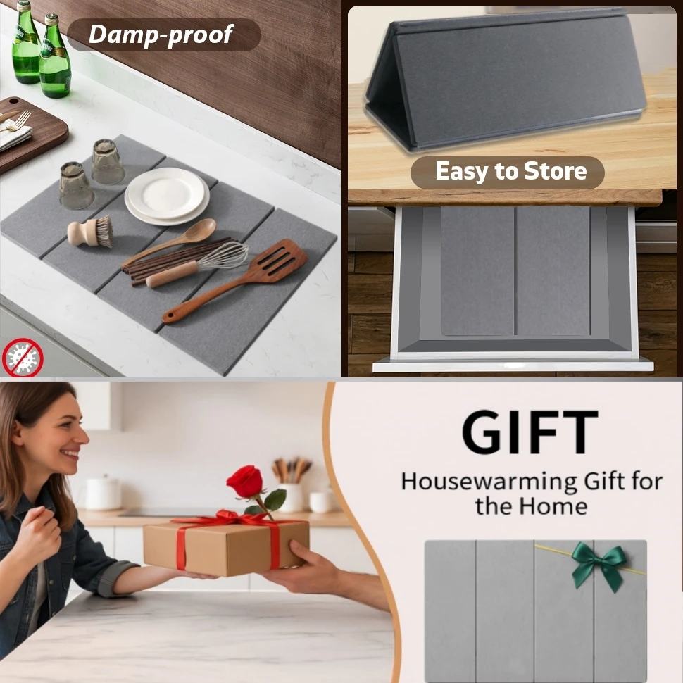 Large Stone Drying Mat Quick Drying Diatomaceous Earth Food Grade Dish Mats Foldable Absorbent Mat for Kitchen Counter Bathroom