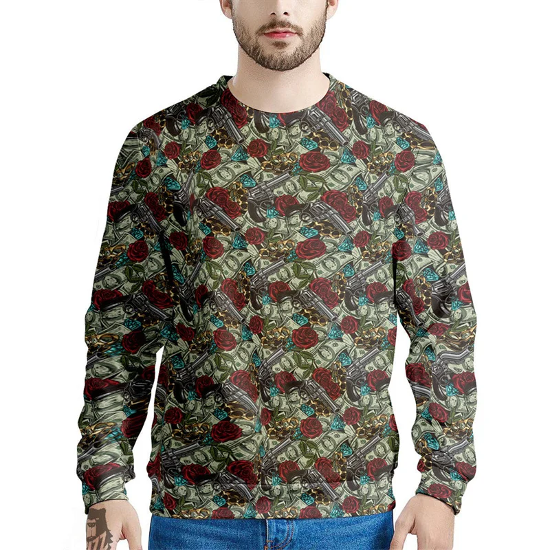 Retro Rose Flowers Print Sweatshirt Men's Cute Sheep Fish Pattern Hoodies Casual Fashion Autumn Long Sleeve Pullover Sweatshirts