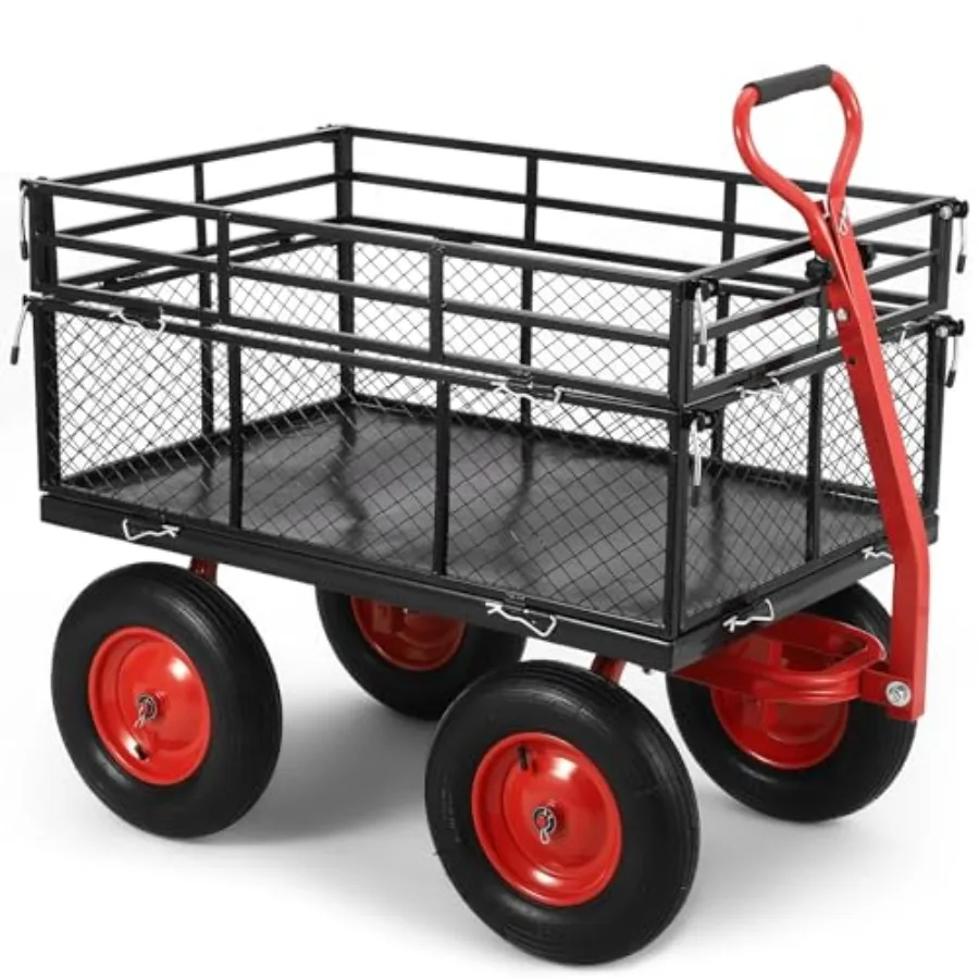 Garden utility wagon: steel, black, 1400 lbs capacity, removable mesh sides, 2-in-1 rotating handle, 16-inch wheels, heavy-duty