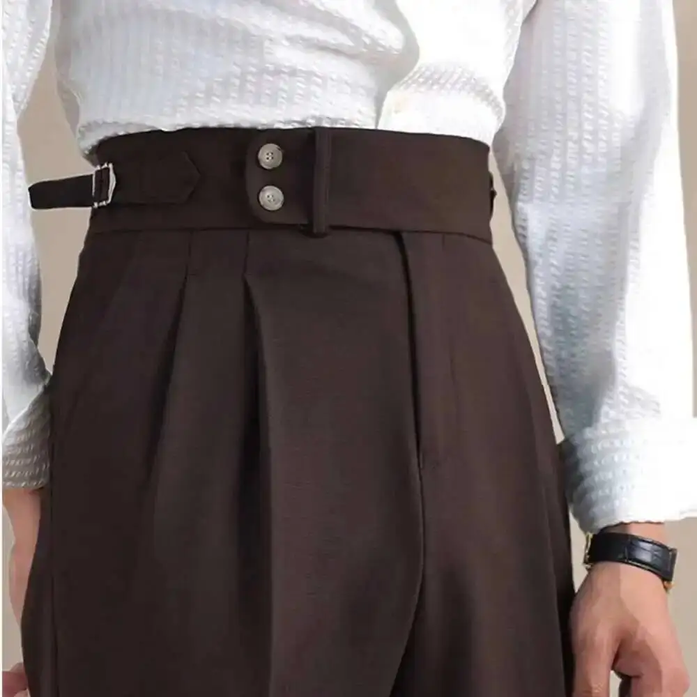 Naples Double Fold High Waist Linen Suit Pants For Men Summer Breathable Straight Leg Office Trousers Men Pantalon Costume Homme