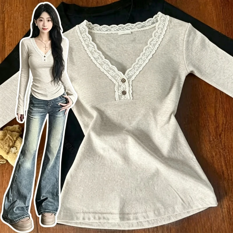 Sweet Y2K Aesthetic Women Long Sleeve T‑Shirt Harajuku Lace Spliced Slim Fit Pullover Soft Girl Top For Daily Street Casual Wear