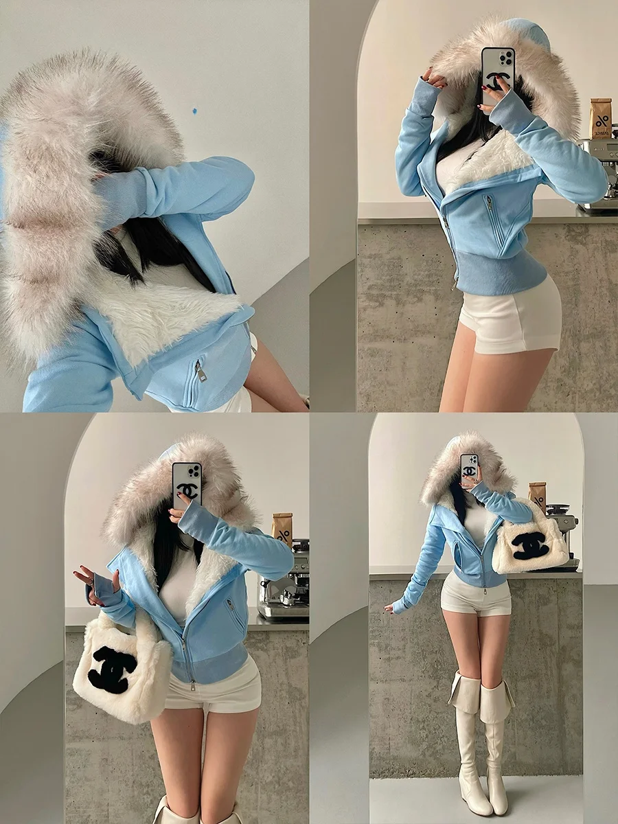 

Thickened Fleece Hooded Sweatshirt Jacket Pure Desirable Sweet Girl Cotton Padded Vest Winter Warm Zipper Closure Long Sleeve