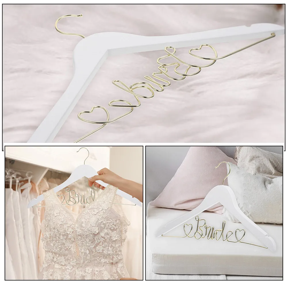 2Pcs Wedding Dress Hanger Wooden Iron Frame with Wire Bridal Detail Non-Slip Elegant Formal Clothing Garment Holder for Gowns
