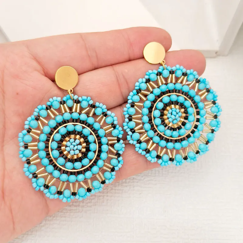 ZGMXR Bohemia Crystal Rice Bead Earrings Hand Woven Circle Sunflower Design Alloy Female Versatile Beaded Earring