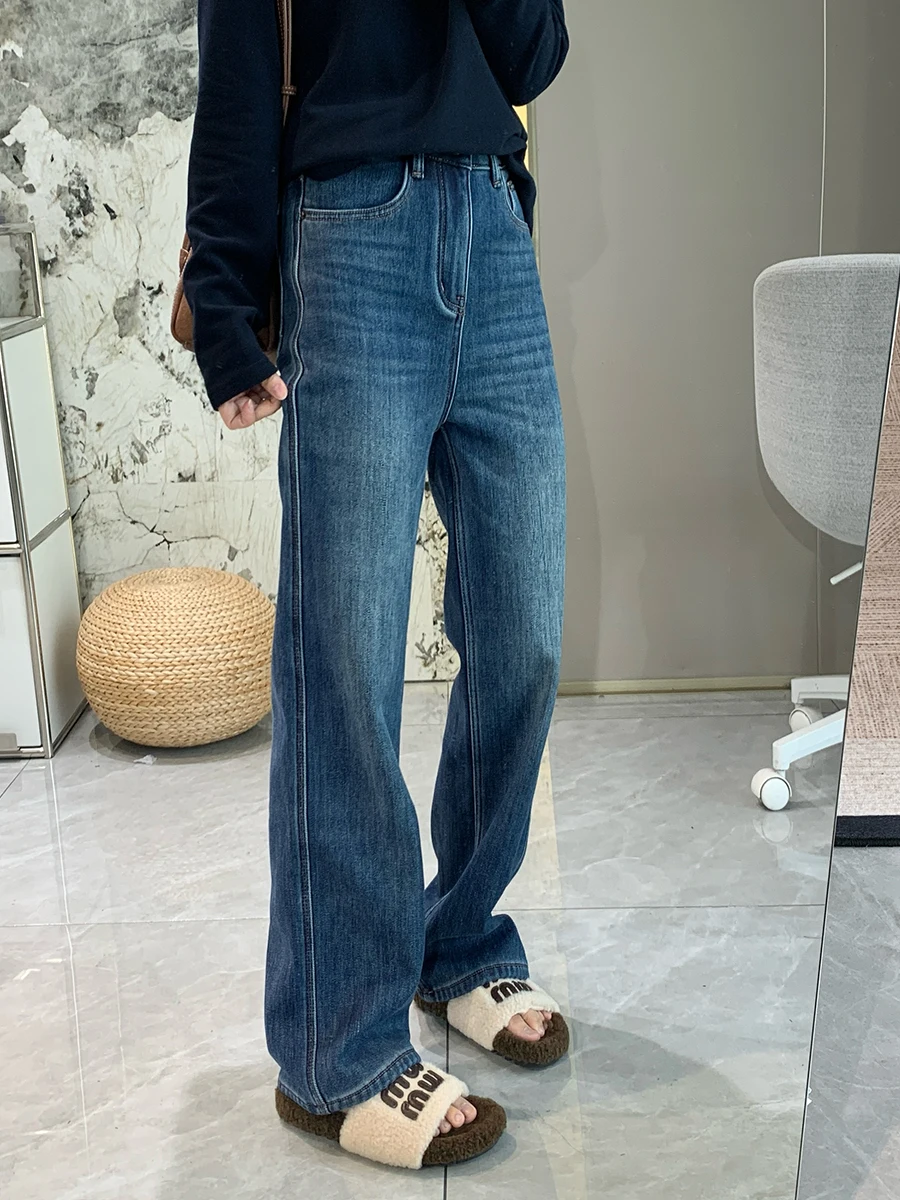 

Зимние утепленные джинсы с высокой талией и прямыми штанинами для женщин, осенне-зимние теплые длинные брюки из мягкого хлопкового денима с четырехсторонней эластичностью