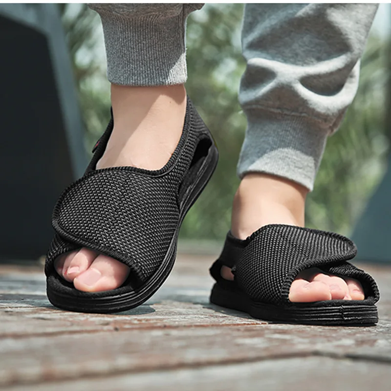 Summer dew toe diabetic shoe female foot swollen feet wide magic stick shoes thumb outside the middle-aged old Men\'s sandal