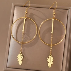 Stainless Steel Earrings Classic Feather Exaggerated Geometric Big Circle Stick Tassel Pendants Earrings For Women Jewelry Gifts