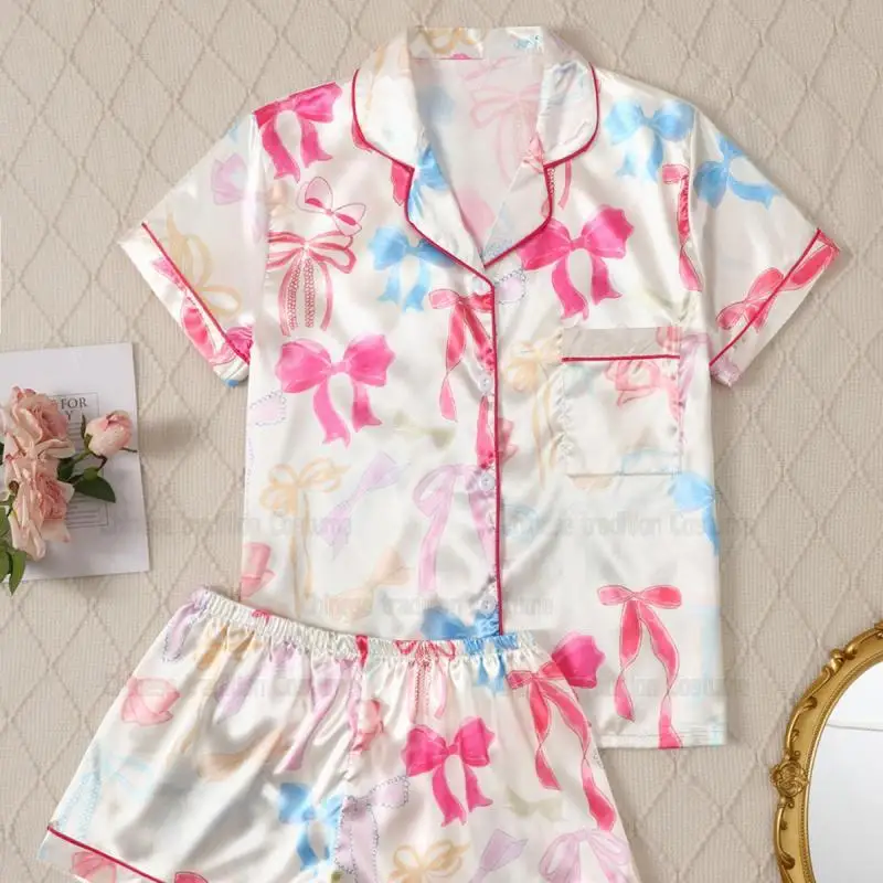 

Cute Bow Print Pajama Sets Sleepwear Female Summer New Loungewear Sexy Short Pijama Mujer 2Pcs Nightwear Home Clothes