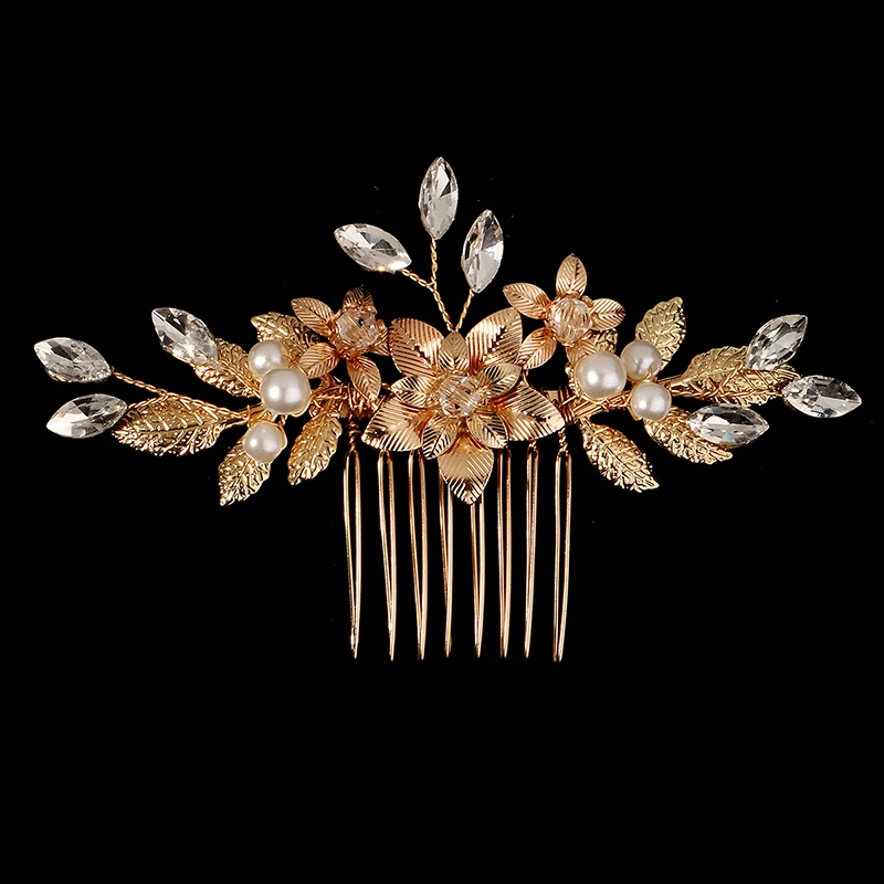 

Metal Gold Leaf Flower Hair Combs Elegant Pearl Rhinestone Bridal Hair Accessories Wedding Bridal Hair Jewelry Diademas