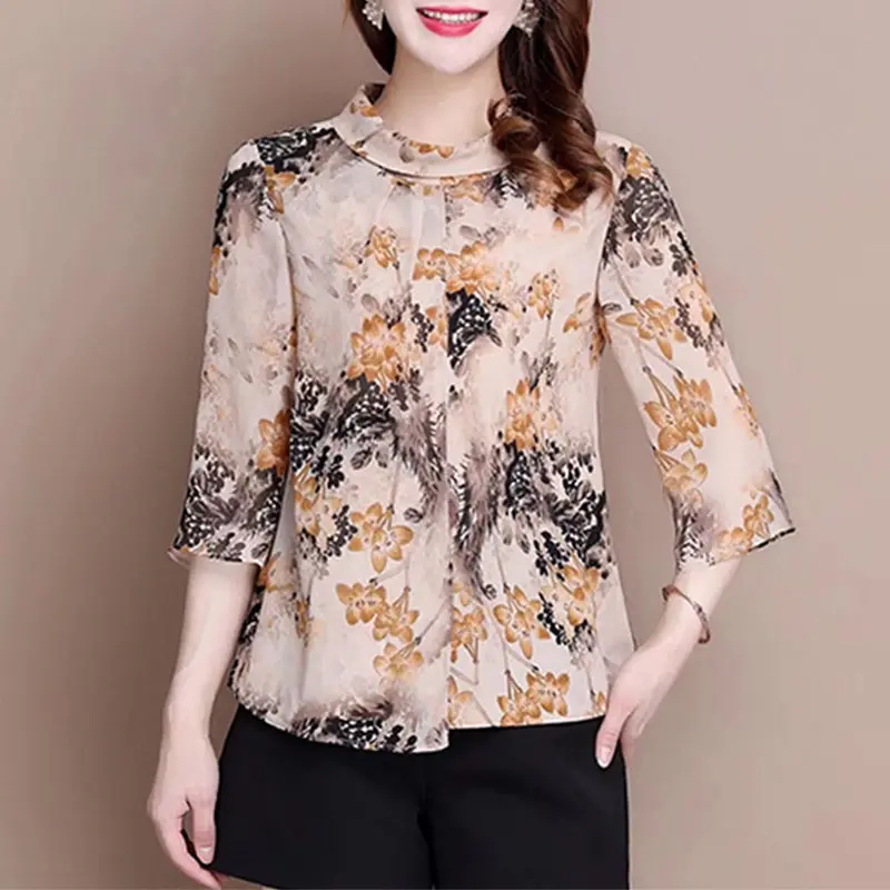 Womens Clothing 2023 Vintage Floral Print Tops Ruffle Three-quarter Sleeve Elegant Blouses Summer Fashion Irregular Loose Shirts