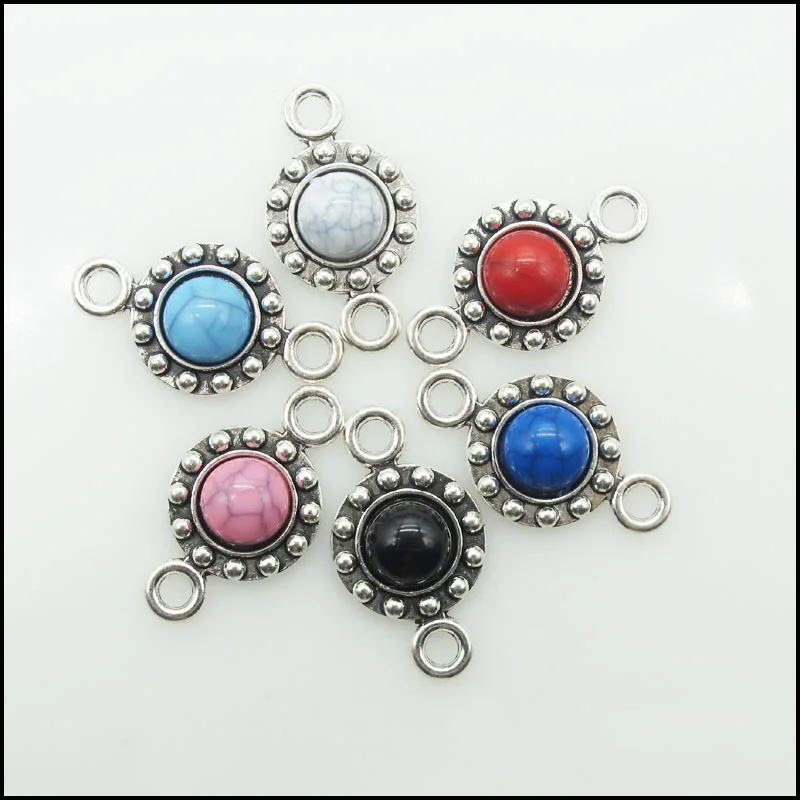 18 New Round Mixed Acrylic Charms Tibetan Silver Plated Sun Flower Pendants Connectors 14x25mm