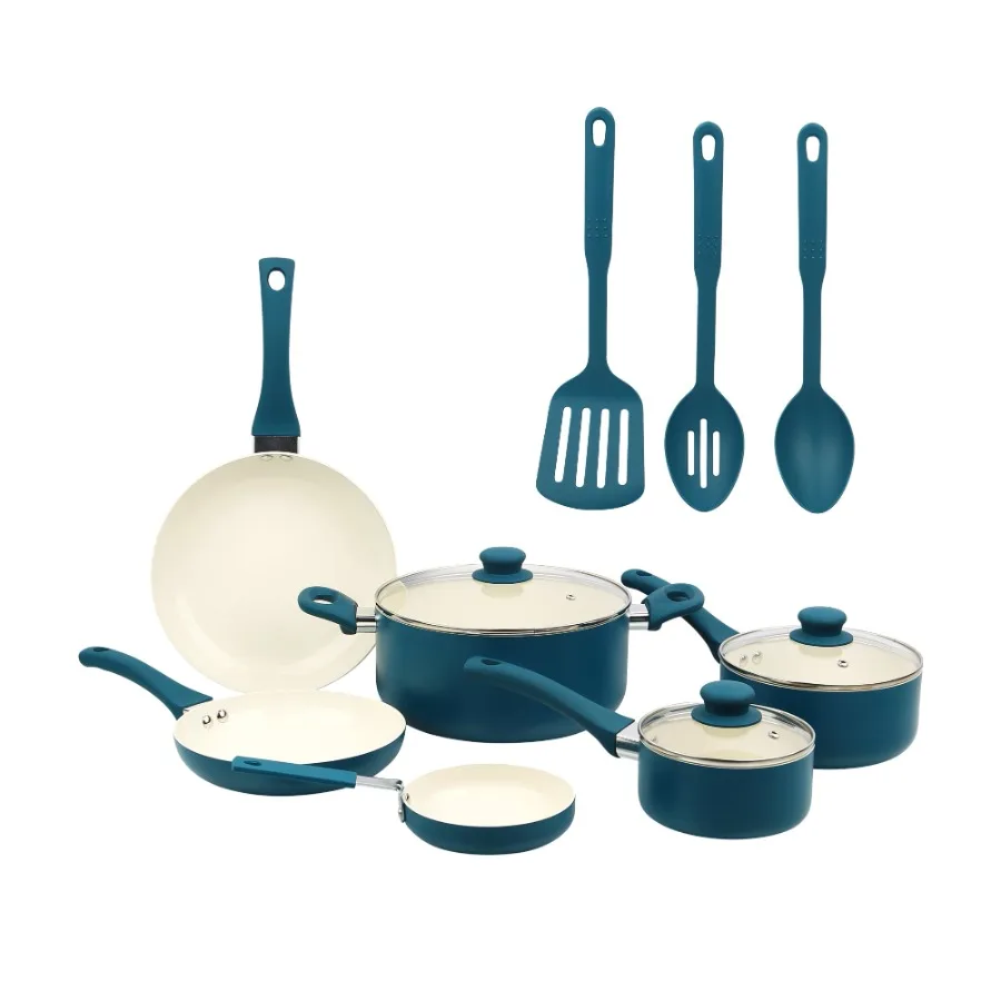 

12 Piece Ceramic Nonstick Aluminum Pots and Pans Cookware Set Blue