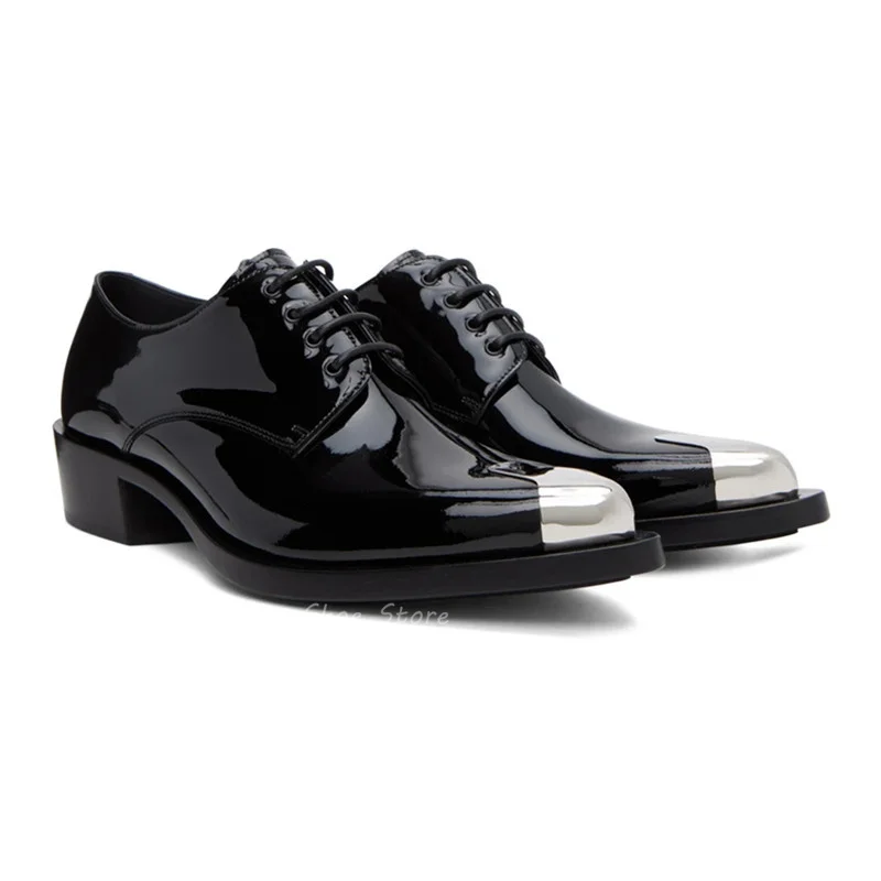 

Lace Up Patent Leather Men Shoes Metal Pointy Low Chunky Heel Vintage Male Shoes Casual Business Formal Shoes Size47