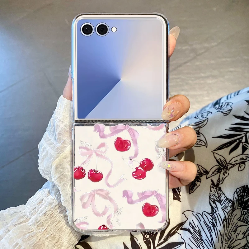 Cherry Bow Pattern Phone Case For Samsung Galaxy Z Flip 7 FE 6 5 4 3 Hard PC Clear Folding Cover For Samsung Z Flip7 Flip6 Flip5