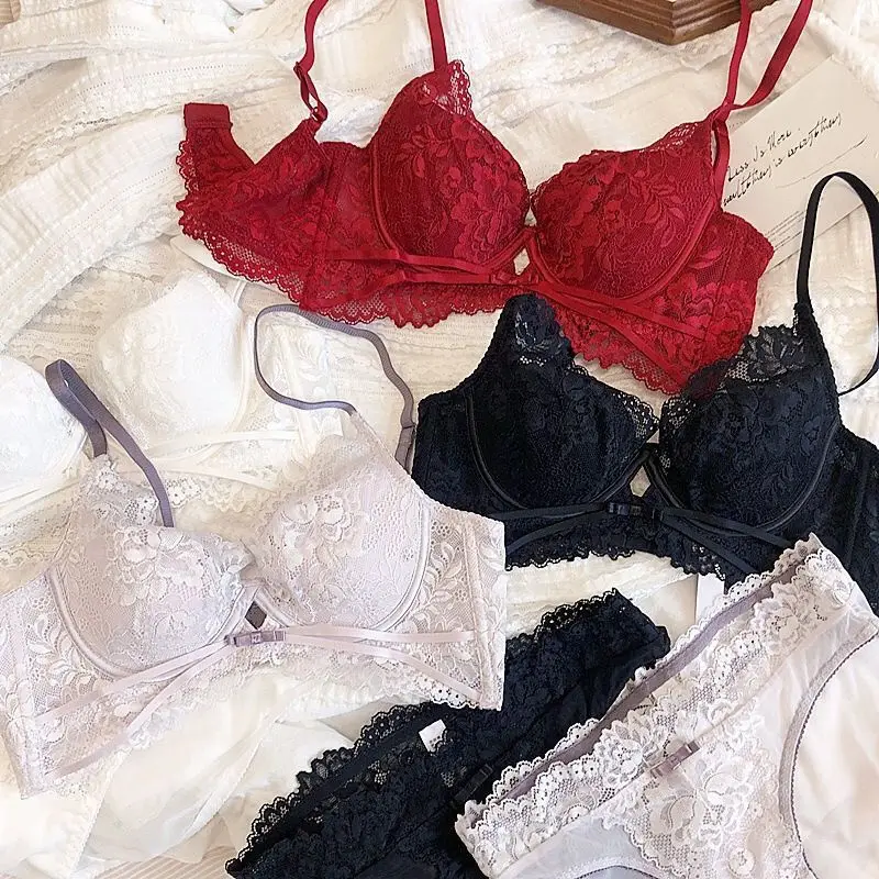 French Lace Thin Sexy Gathered Wider Collect Vice Breasts Large Breasts Show Small Anti-Sagging Underwear Set of Soft Steel Ring