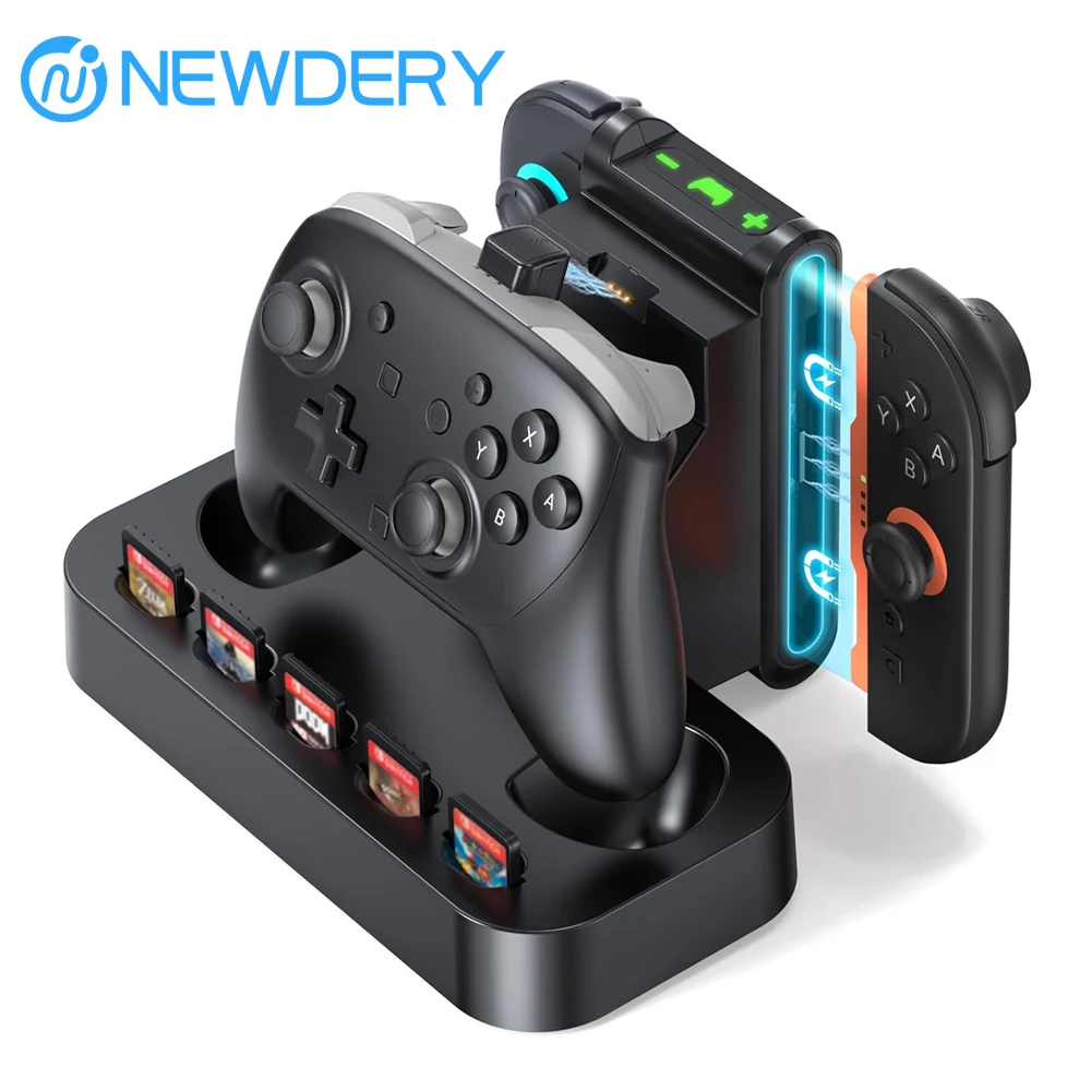 Dock de Carregamento 2 em 1 NEWDERY para Nintendo Switch 2, Controle Pro e Joycon, Estação de Carregamento Rápido com Armazenamento para 5 Cartões de Jogo