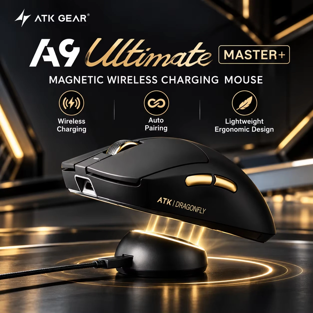 New ATK A9 Ultimate Master+ Magnetic Charging Wireless Mouse Medium-Large Hand PAW3955Master Dual 8K Magnetic Dock 800mAh