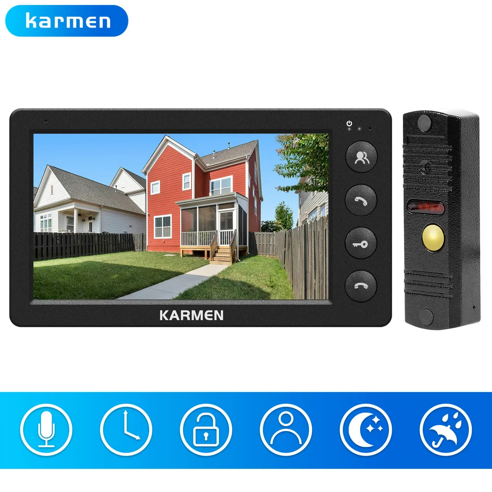 Karmen Video Intercom for Home,Interphone 7 Inch Screen,Metal Doorbell,Talk,Waterproof IP65,Infrared Night Vsion,Cold-proof -40℃