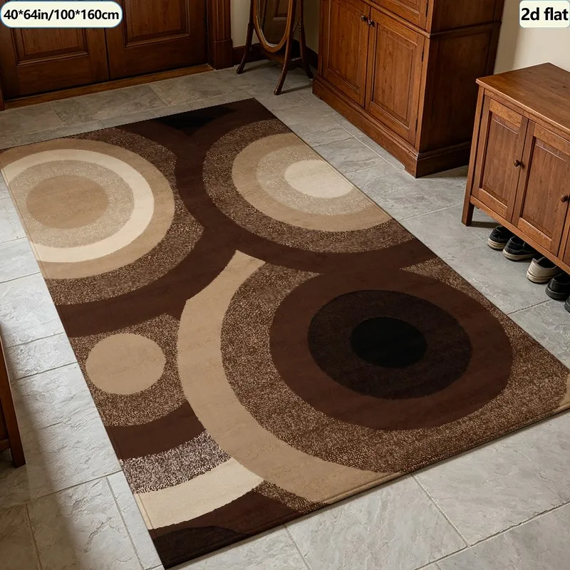 Retro Brown Beige Layered Circle Carpet Flooring, Mid-Century Abstract Concentric Ring Area Rug Non-Slip Floor Mat for Bedroom Dorm Home Decor