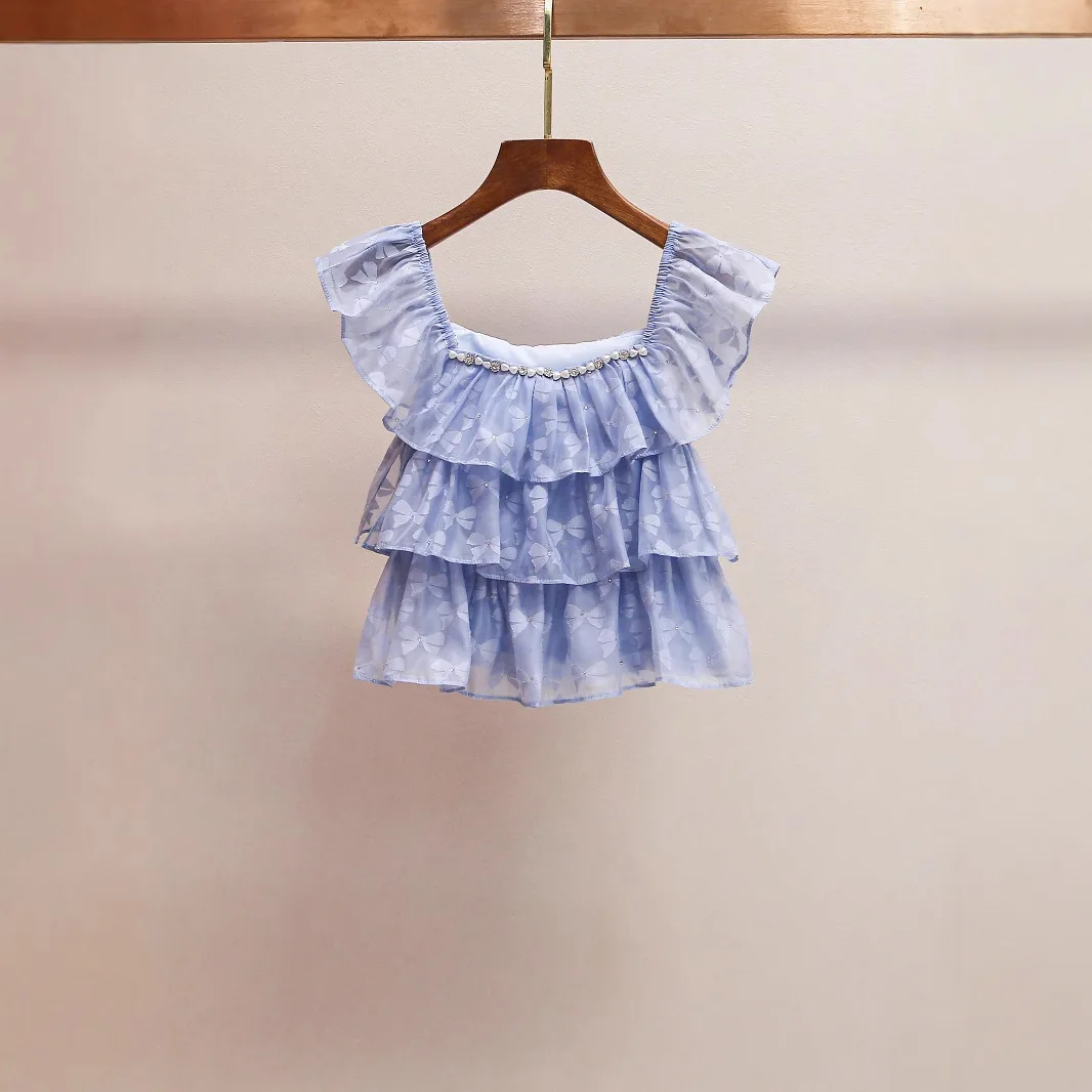 

Romantic Embroidered Knot Print Square Collar Lace Trim Chiffon Top Women's Fashion Commute Style Loose Fit S...