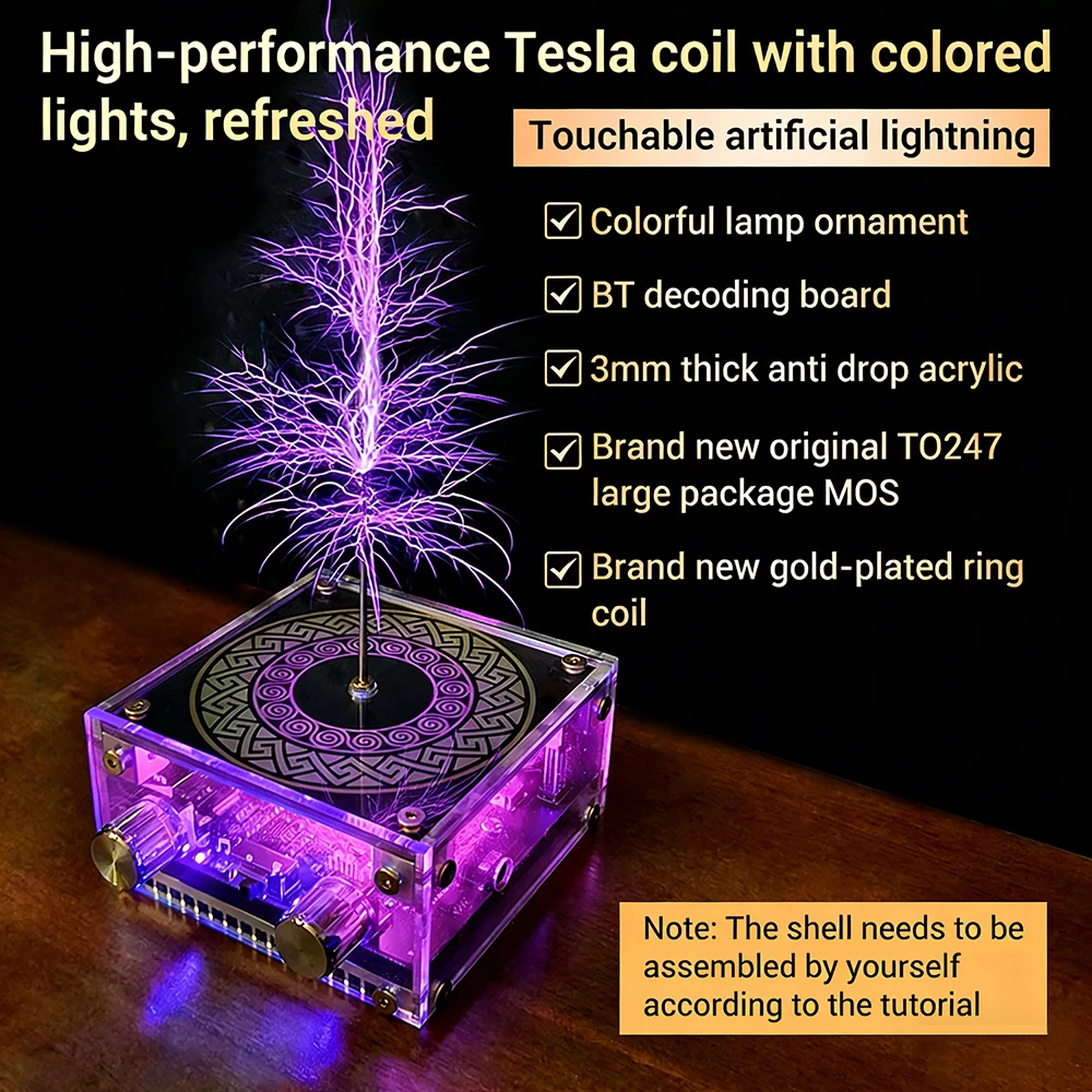 Bobina de Tesla Musical de Modo Dual MTC, Kit DIY de Caja Musical con Control Táctil Bluetooth 5.1 y Luces de Colores, 60W, Efecto de Rayo Artificial