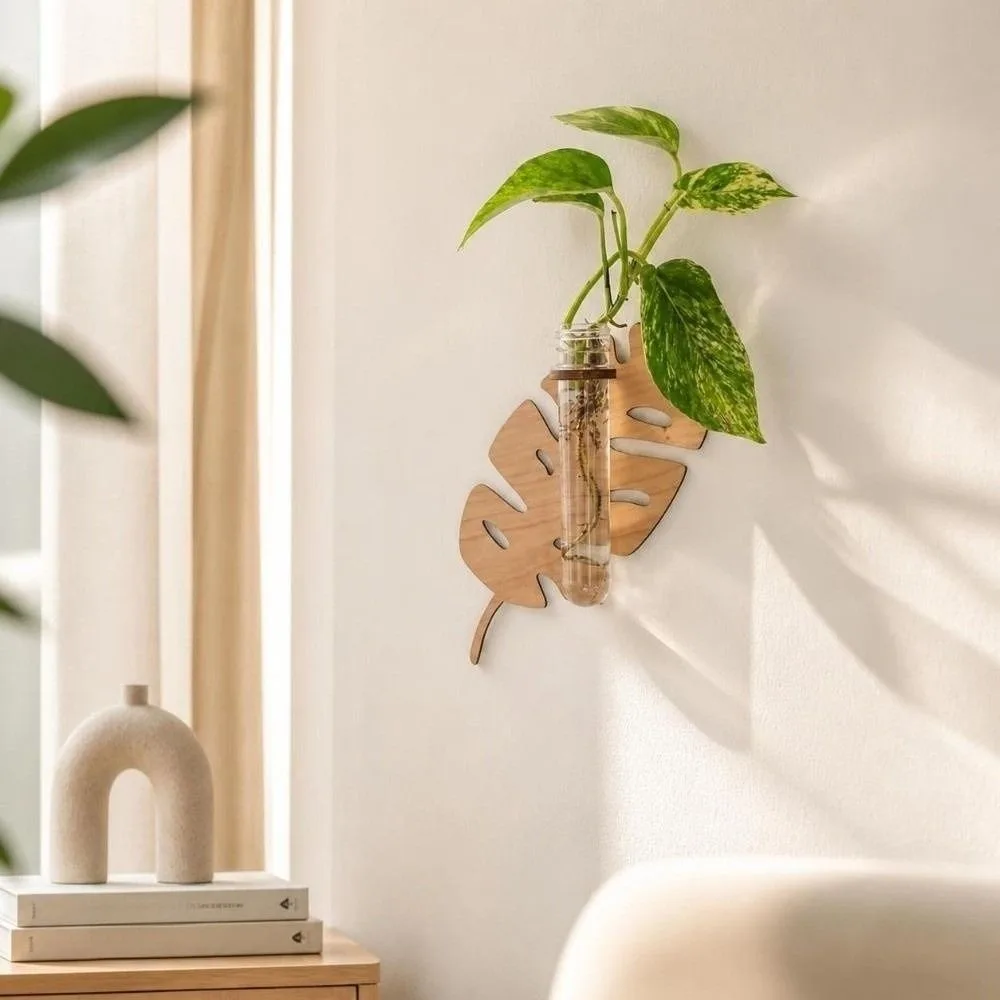 Wooden Hydroponic Planter Shelf Home Ornaments Leaf Shape Wall Mounted Planter Geometric Hollow Out