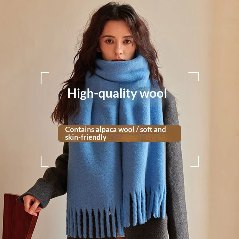 Iceland blue wool scarf women's winter high sense simple versatile fringed shawl autumn and winter thickened scarf