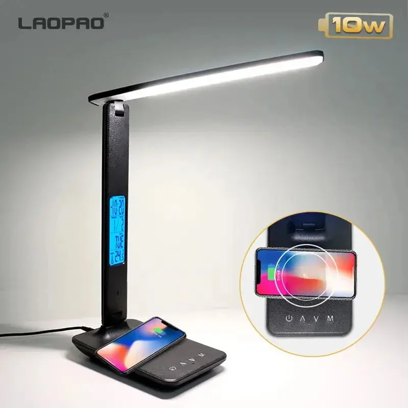 laopao lampada de mesa led sem fio porta de carregamento usb deslizante regulavel temporizador automatico luz noturna candeeiro de mesa 10w qi 01