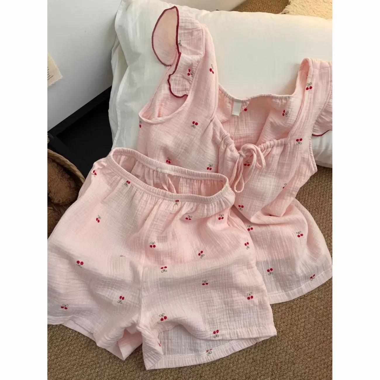 

Summer 2pcs Pajamas Set for Women Casual Simple Halter Vest Shorts Set Home Wear Sleepwear Loungerwear Sleeping Home Suit 2026