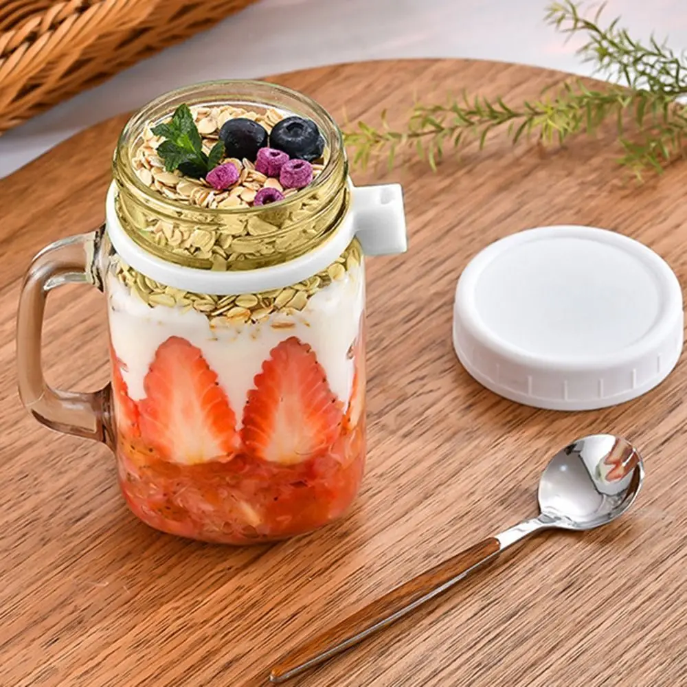 Overnight Oats Jars with Lids Yogurt Pot 450ml Wide Mouth Glass Breakfast Jar with Spoons & Handle Leakproof Container