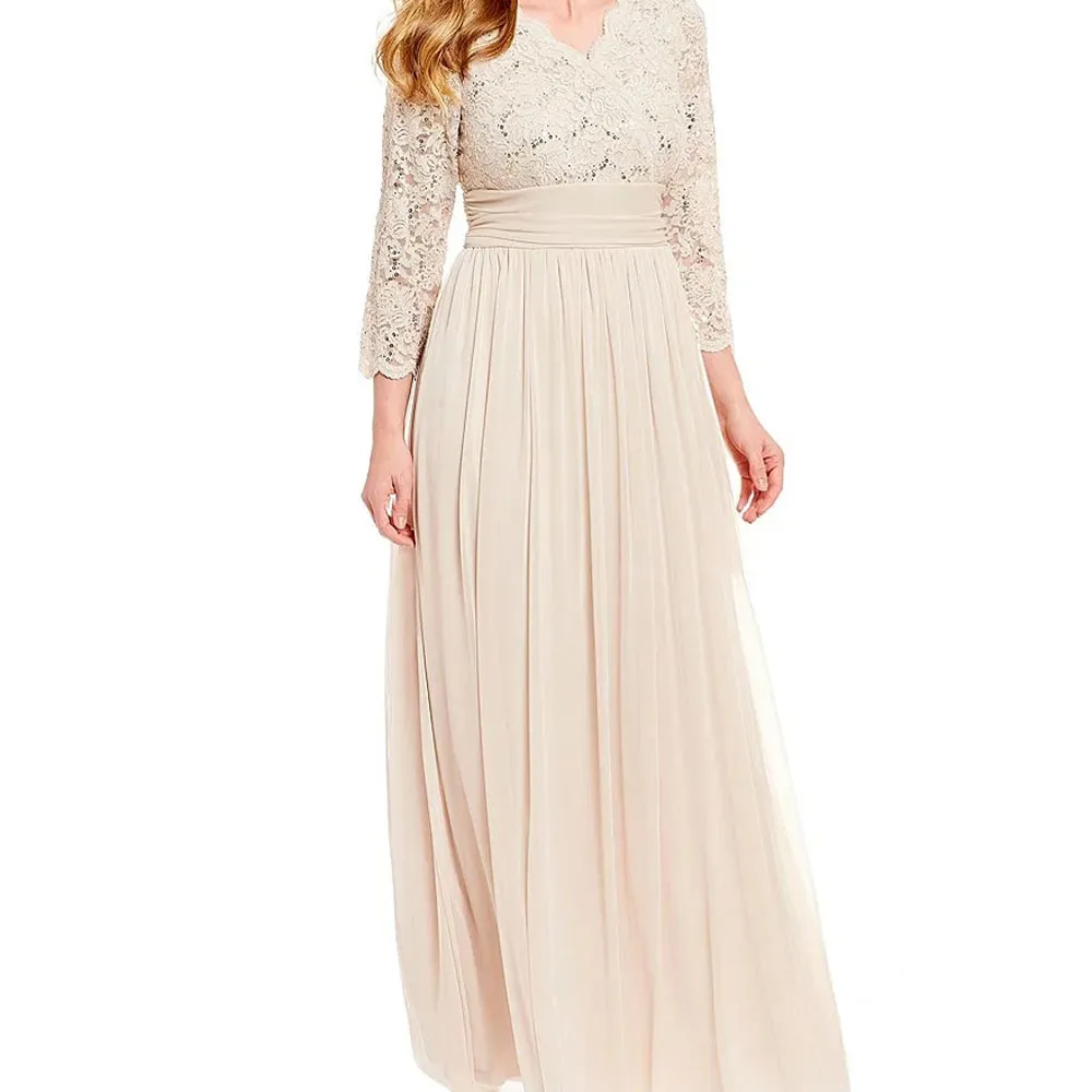 Plus Size Mother Of The Bride Dresses V Neck Long Sleeves Floor Length Lace Sequins Chiffon Wedding Guest Dress For Mom Evening