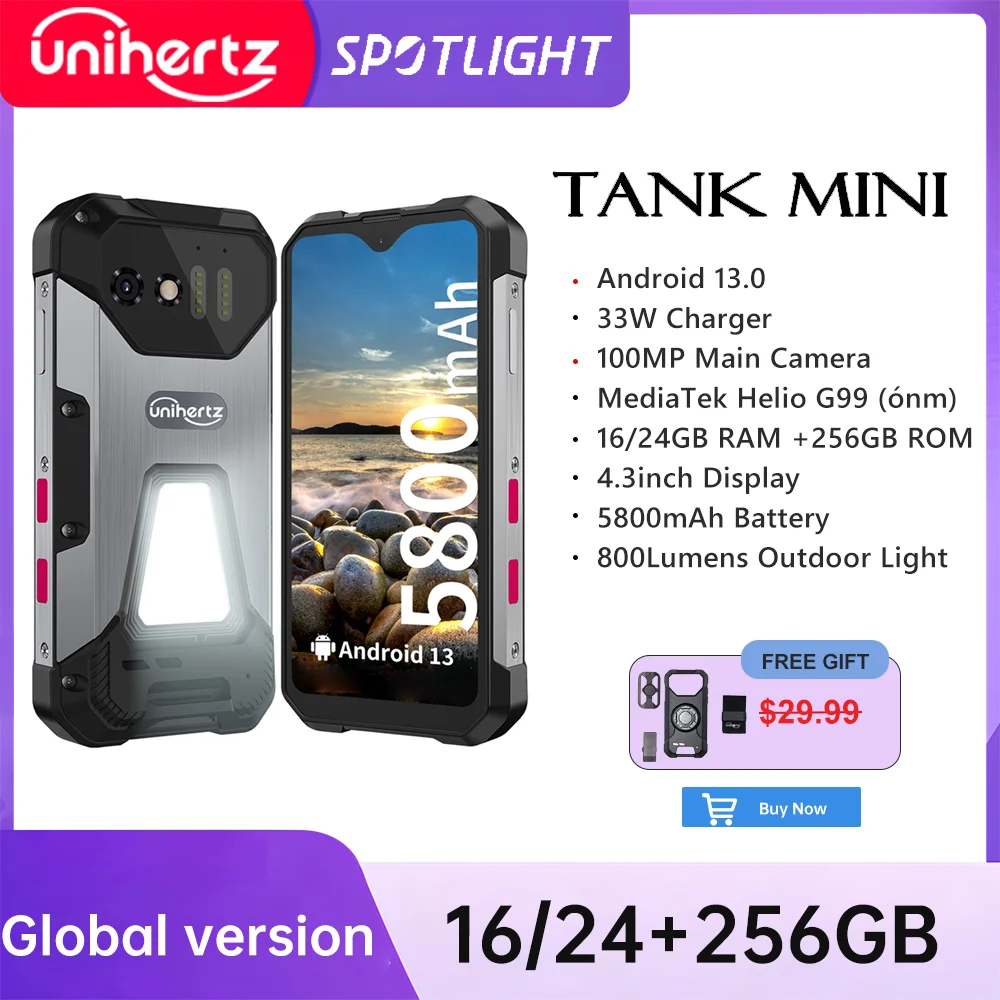 Unihertz 8849 Tank Mini Rugged Smartphone 4.3 Inch Display Android 13 5800mAh 24GB 256GB Helio G99 Octa Core 100MP Cameras IP68