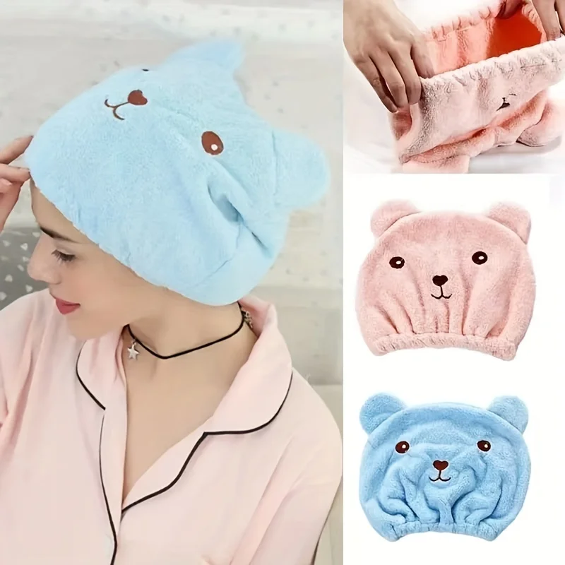 Gorro de pelo seco grueso con oso de dibujos animados, gorro de ducha súper absorbente de secado rápido, bonito gorro de ducha para limpiar el cabello