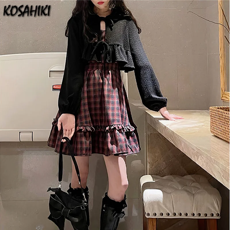 KOSAHIKI Plaid Dress Sets Women Outfits Black Lace Up Long Sleeve Cardigan Teen Girls Ruffles Sweet High Waist Sleeveless Dresse