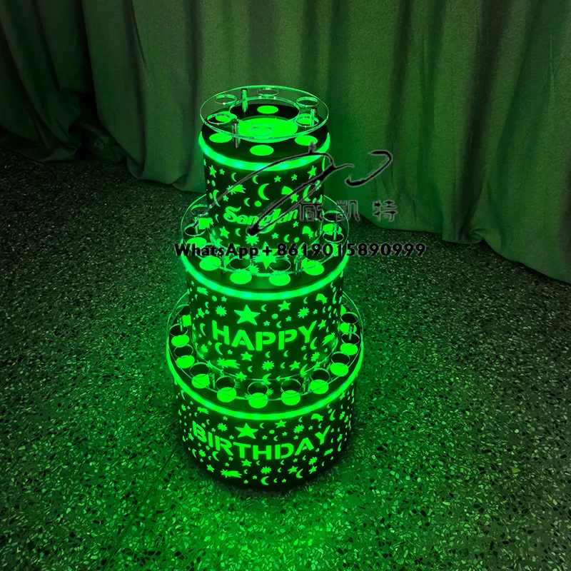 مخصص 3 طبقات النبيذ الرف Led كعكة زجاجة مقدم بار حفلة Vip عيد ميلاد سعيد زجاجة خدمة مقدم مع صينية زجاجية النار #5