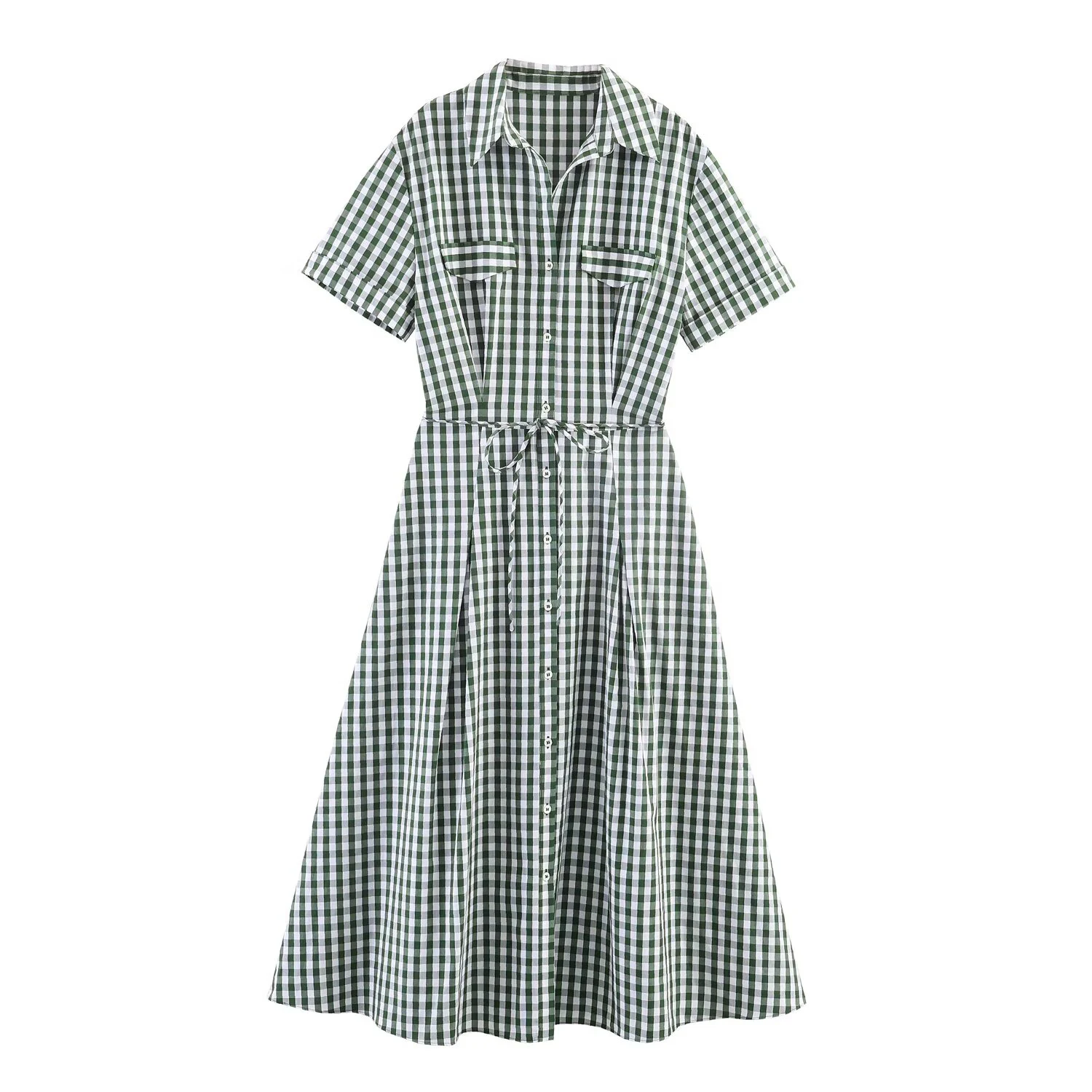 Europäischer und amerikanischer Stil, Frühlingsneuheit, Damenkleid mit Schleifenkragen, V-Ausschnitt, kurzen Ärmeln und kleinem Karomuster im Hemdstil.