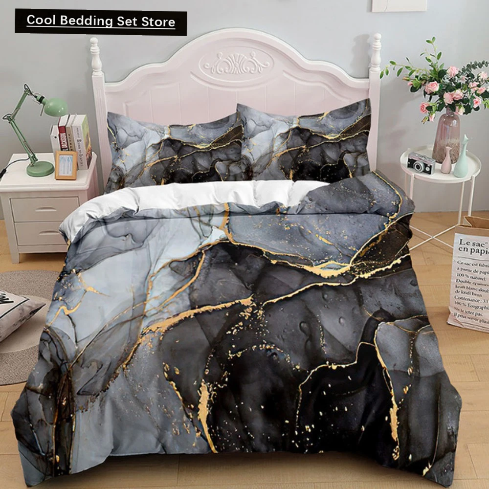 

Luxury Black Marble Bedding Set 3D Duvet Cover Set Single Double Twin Full Size Teens Adults Bedclothes Soft Polyester Bed Linen