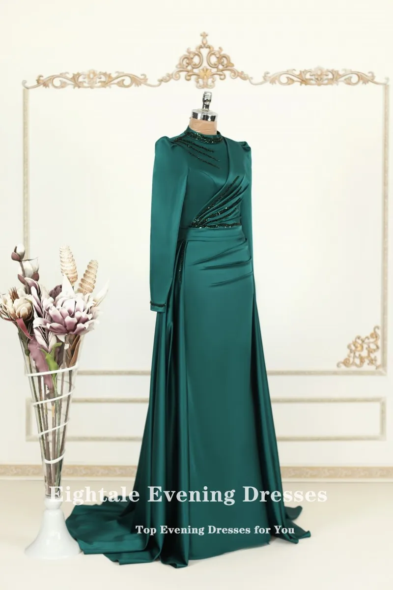 Eightale Muslim Evening Dress for Wedding Party Emerald Green Beaded Long Sleeve Prom Gown Customized Celebrity Dress abendkleid