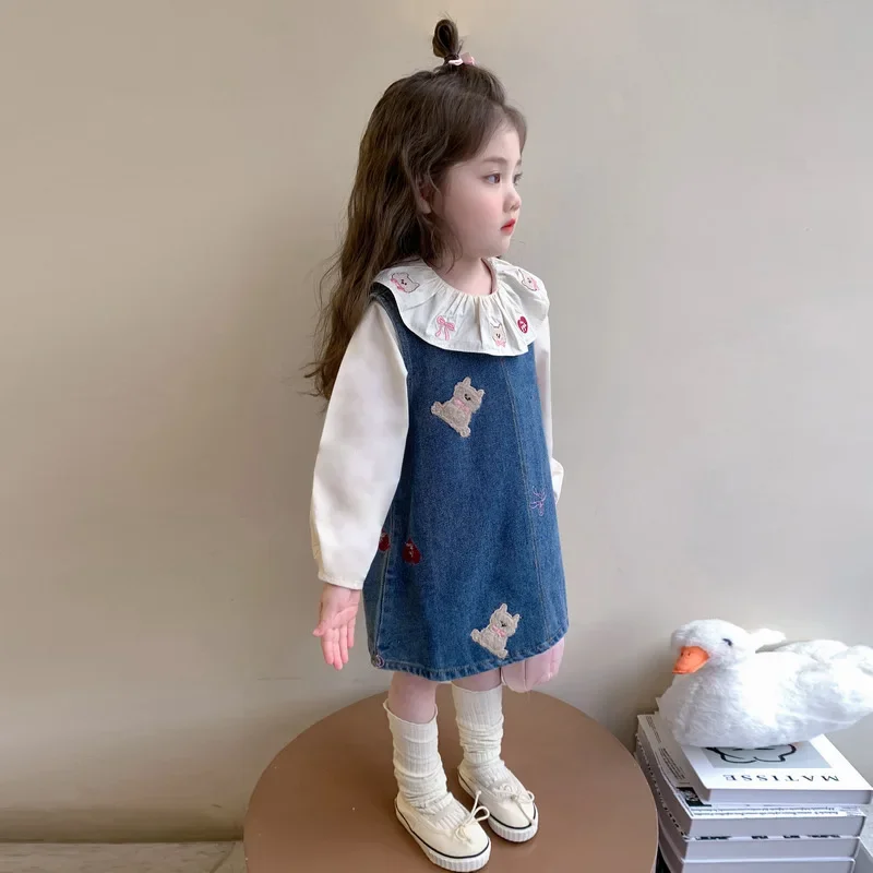 Girls' Suit Spring New Doll Collar Shirt + Denim Skirt Girls' Long Sleeve Two-piece Set Kids Clothes Girls