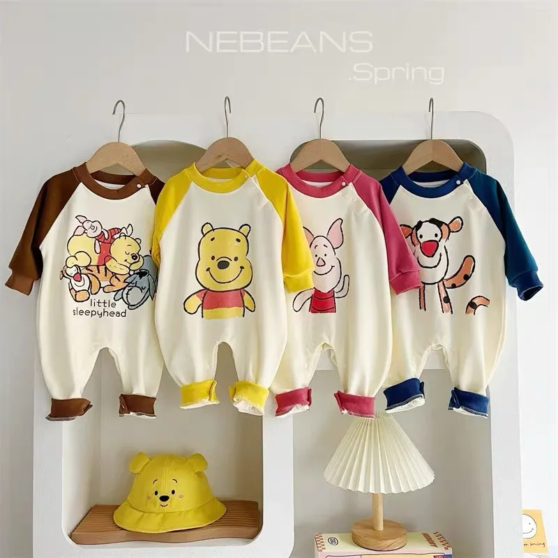 

Disney New Raglan Long Sleeved Romper Cartoon Printed Crewneck Bodysuits Loose Soft Cotton Oneise Boys Baby Spring Autumn Wear