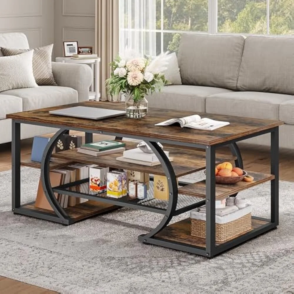 

47" Coffee Table w/Storage Shelf, Wood Rectangle Center Tables, 5 Tier Cocktail Tea Tables, Accent Table w/Arched Metal Frame