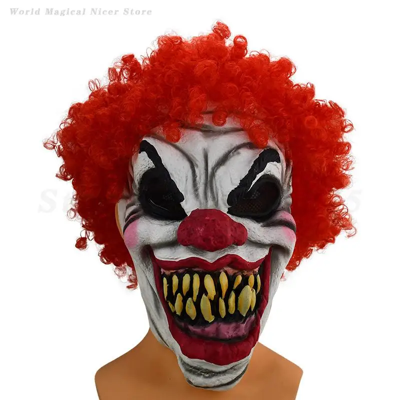 Horror Halloween Maschera da clown Capelli rossi Bocca grande sopra la testa Maschera in lattice Spaventoso Clown Puntelli Cosplay Accessori divertenti Parodia Prop
