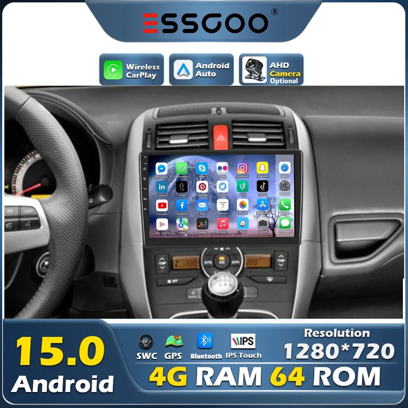 ESSGOO 4+64 GB Android 15 9" Autoradio-Multimedia für Toyota Auris 2006, 2007, 2008, 2010–2012, 2DIN-Radio, GPS, Carplay, Bluetooth, Navigation, Auto-Player.