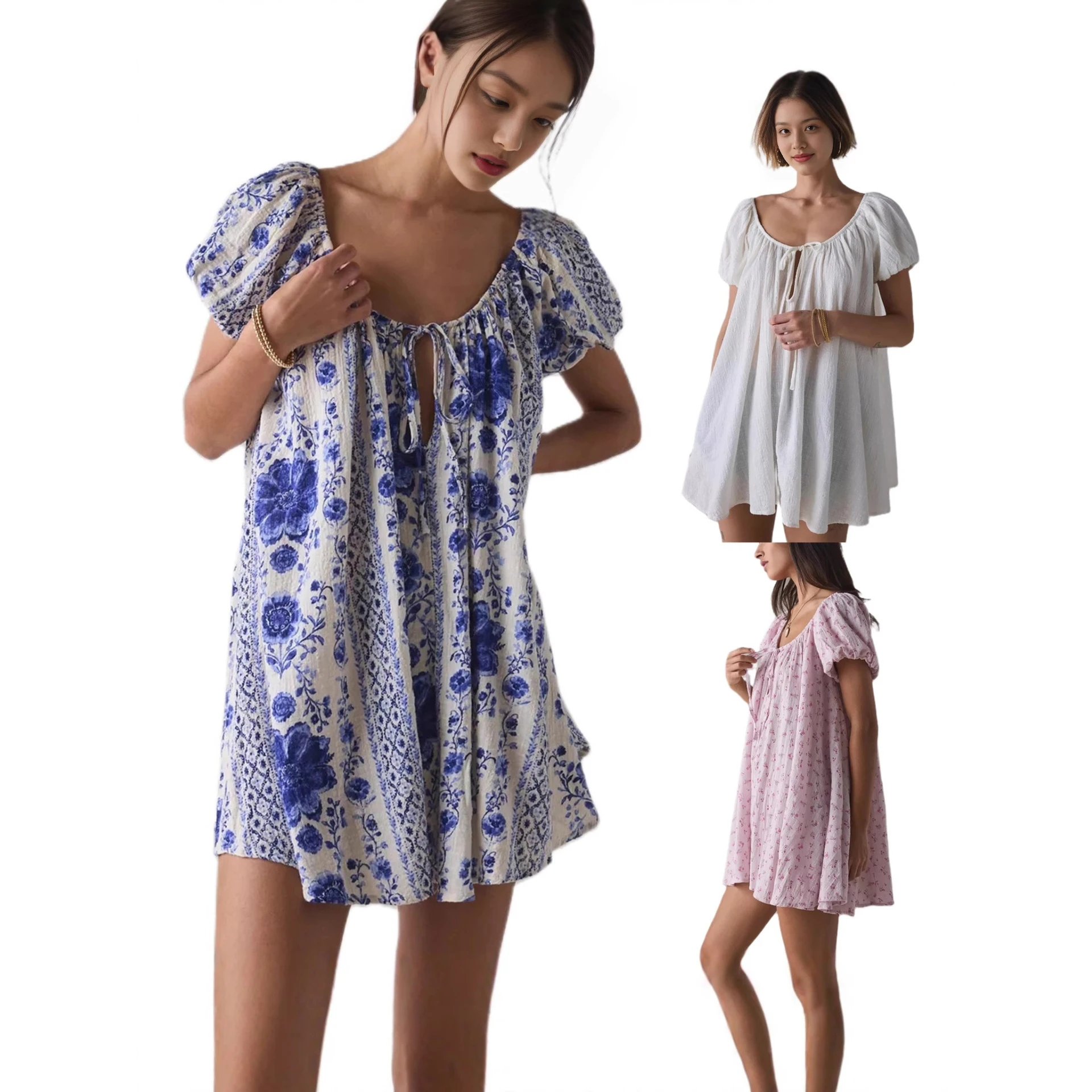 

Casual Digital Print Short Sleeve Bubble Sleeve U Neck Summer Dress Women's High Waist Seven/Nine Pants Polyester Fabric
