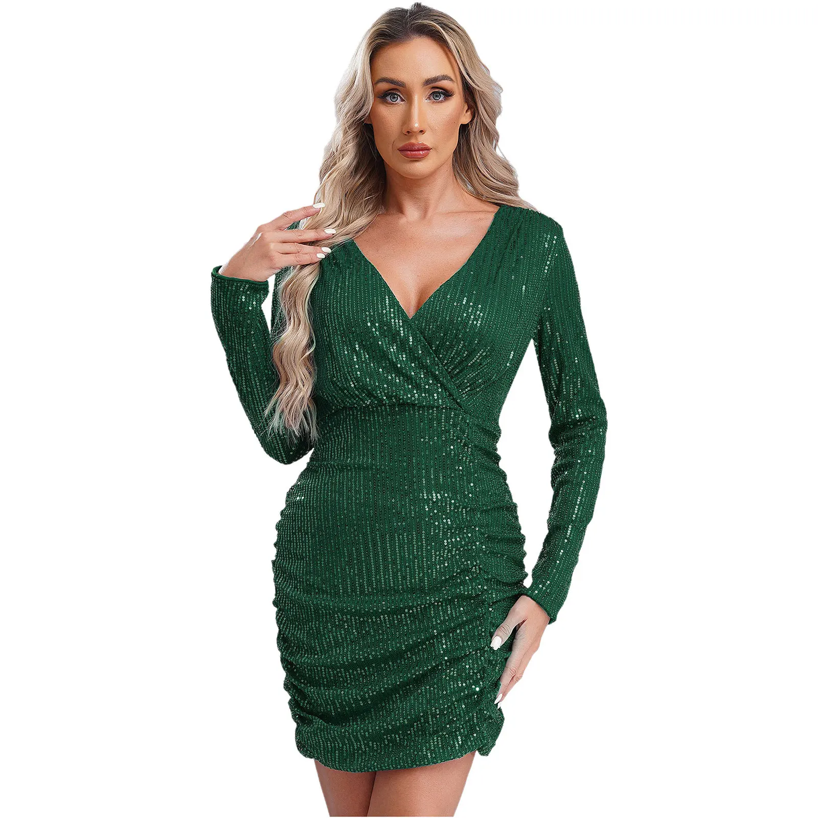 Womens avondjurk glitter pailletten mini-jurk sexy v-hals bodycon jurk elegante vrouw cocktails feestjurk vestido de fiesta