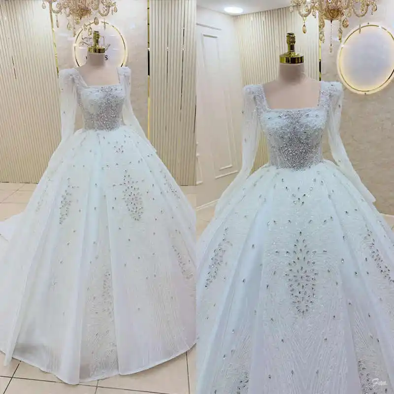 

Luxury Beaded Ball Gown Wedding Dresses Square Neck Long Sleeve Bridal Gowns Crystals Formal Occasion Party Customized
