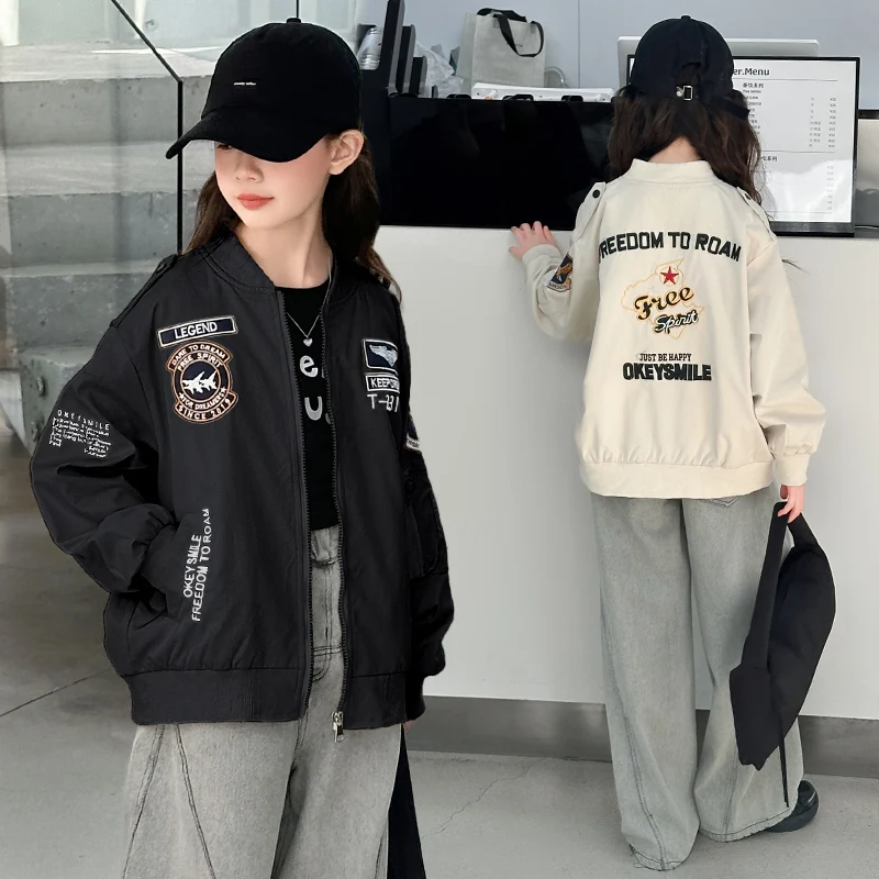 2025 spring teenage girls Embroidered baseball jacket for junior kids boys Pilots coat youth child casual overall 4 6 8 10 12 14