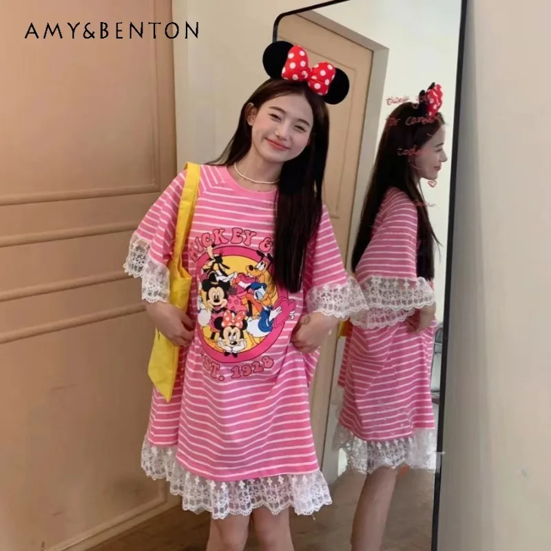 

Korean Style Kawaii Top Clothes 2024 Summer New Sweet Loose Cartoon Printed Lace Sleeves Patchwork Stripes T-shirt Dress Female