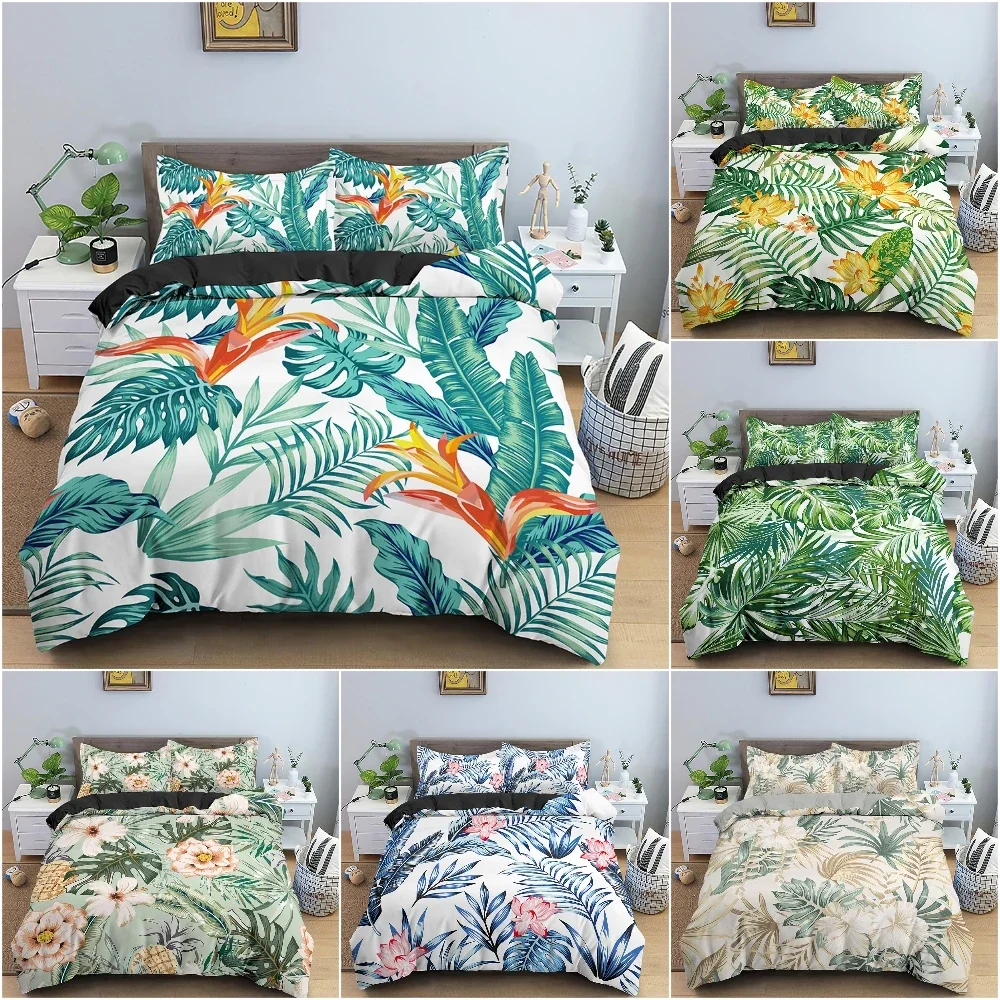 

Green Plant Leaves Duvet Cover Set Floral Bedding Set Tropical Pattern Quilt / Comforter Cover With Pillowcase Home Textile