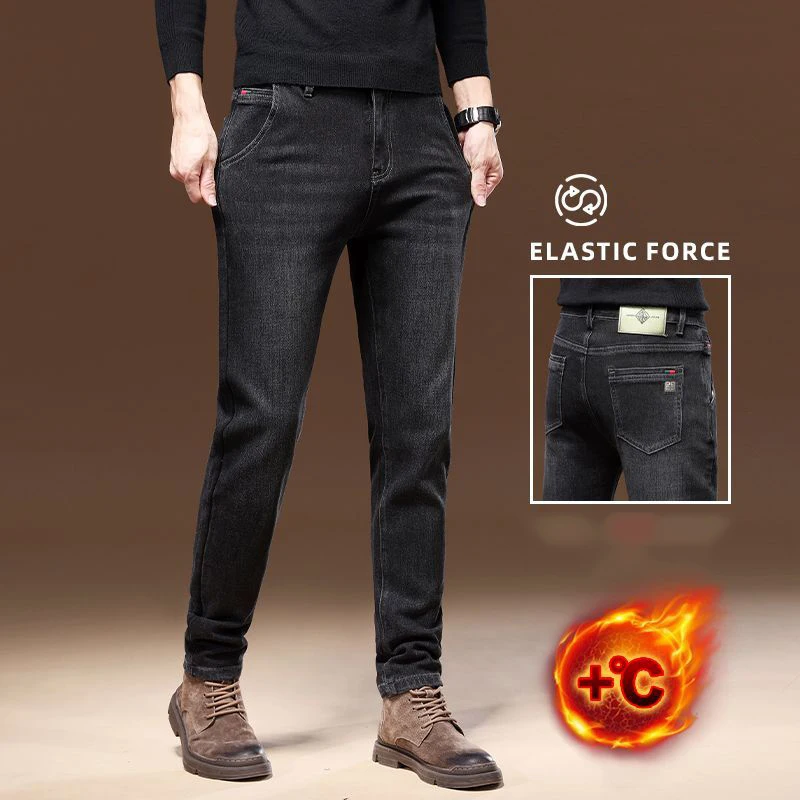 Winter Thermal Warm Fleece Men Jeans Male Slim Fit Straight Leg Work Denim Pants Comfortable Versatile Brushed Trousers
